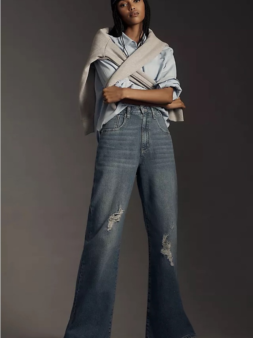 Anthropologie Pilcro High-Rise Wide-Leg Distressed Jeans in Washed Blue Denim